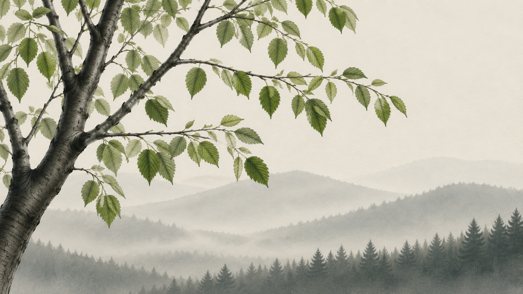 A hornbeam branch in leaf above the misty hills and pine forests of Maine
