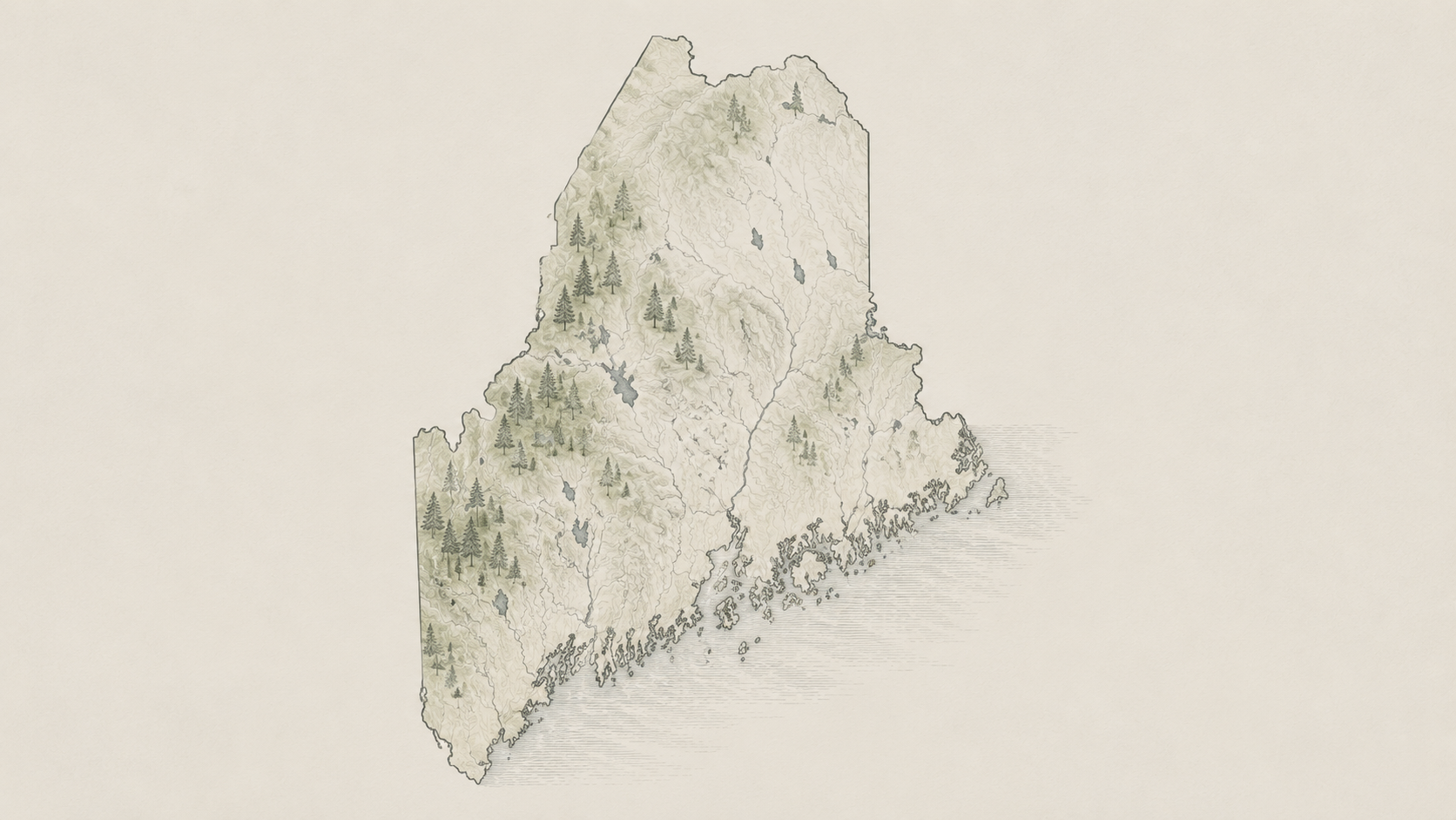 Illustrated map of the state of Maine, forested and rendered in the Hornbeam house style